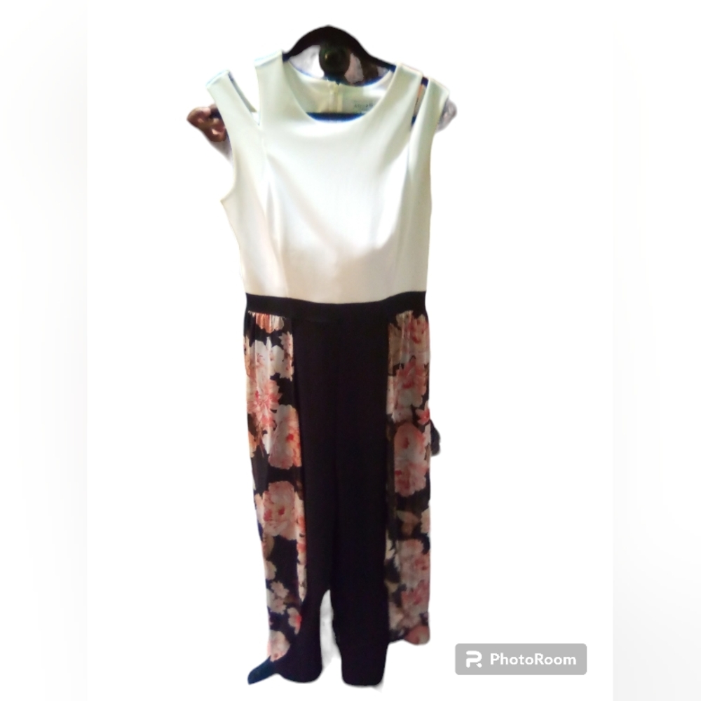 Alexa B Nites White Top and Black Pant Jumpsuit with Floral Overlay SZ 14
